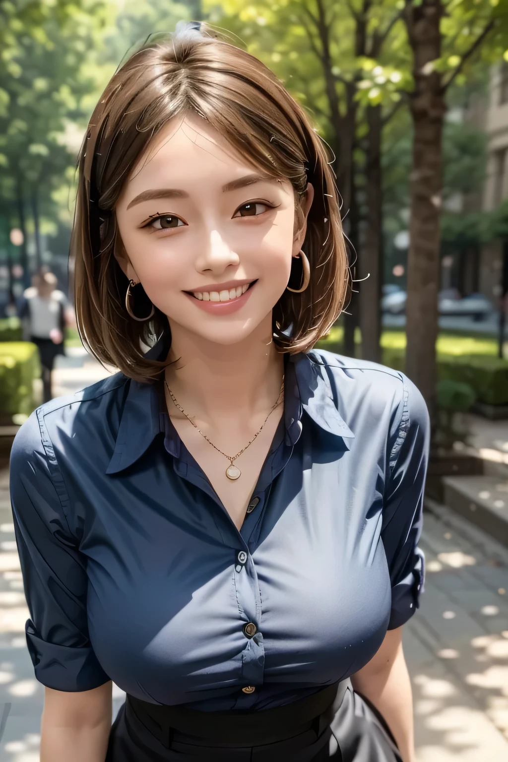 (best quality, masterpiece, formal, perfect lighting), accurate human body, knowledgeable people, (Shining skin, Realistic skin texture, beautiful skin details , growing skin), (1 girl), (Completely:1.2), grin, (well-groomed brunette bob hair), (shiny navy blue collared shirt: 1.2), Shine, without earring, necklace, charming and perfect ratio, charming smile, fine surface texture, charming, wear tight mini skirt, Big Breasts, ((background: park with many trees))