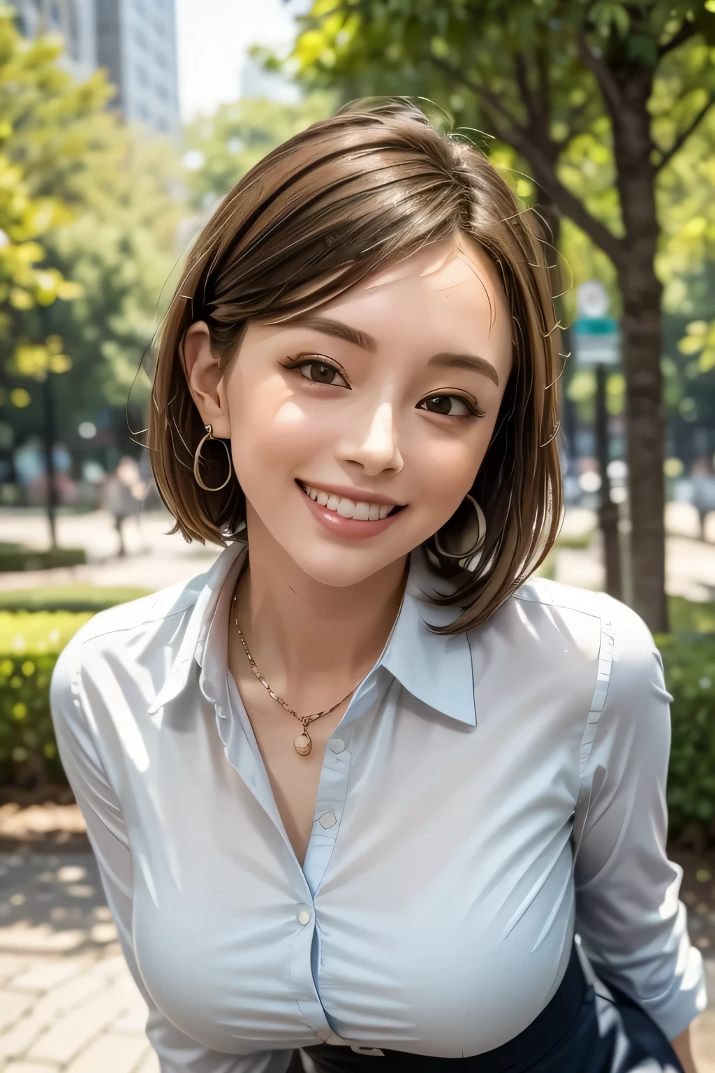(best quality, masterpiece, formal, perfect lighting), accurate human body, knowledgeable people, (Shining skin, Realistic skin texture, beautiful skin details , growing skin), (1 girl), (Completely:1.2), grin, (well-groomed brunette bob hair), (shiny navy blue collared shirt: 1.2), Shine, without earring, necklace, charming and perfect ratio, charming smile, fine surface texture, charming, wear tight mini skirt, Big Breasts, ((background: park with many trees))