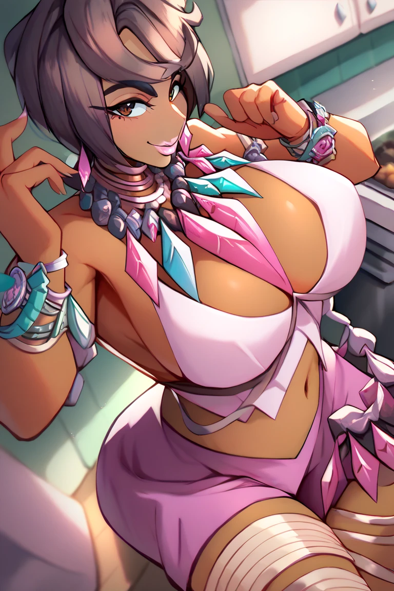 masterpiece、highest quality、pkmnolivia、brown skin、necklace、bracelet、neck ring、cleavage、pink shirt、beads、abdomen、pink shorts、thigh strap、big breasts、From the back、look at viewer、from below、null、butt