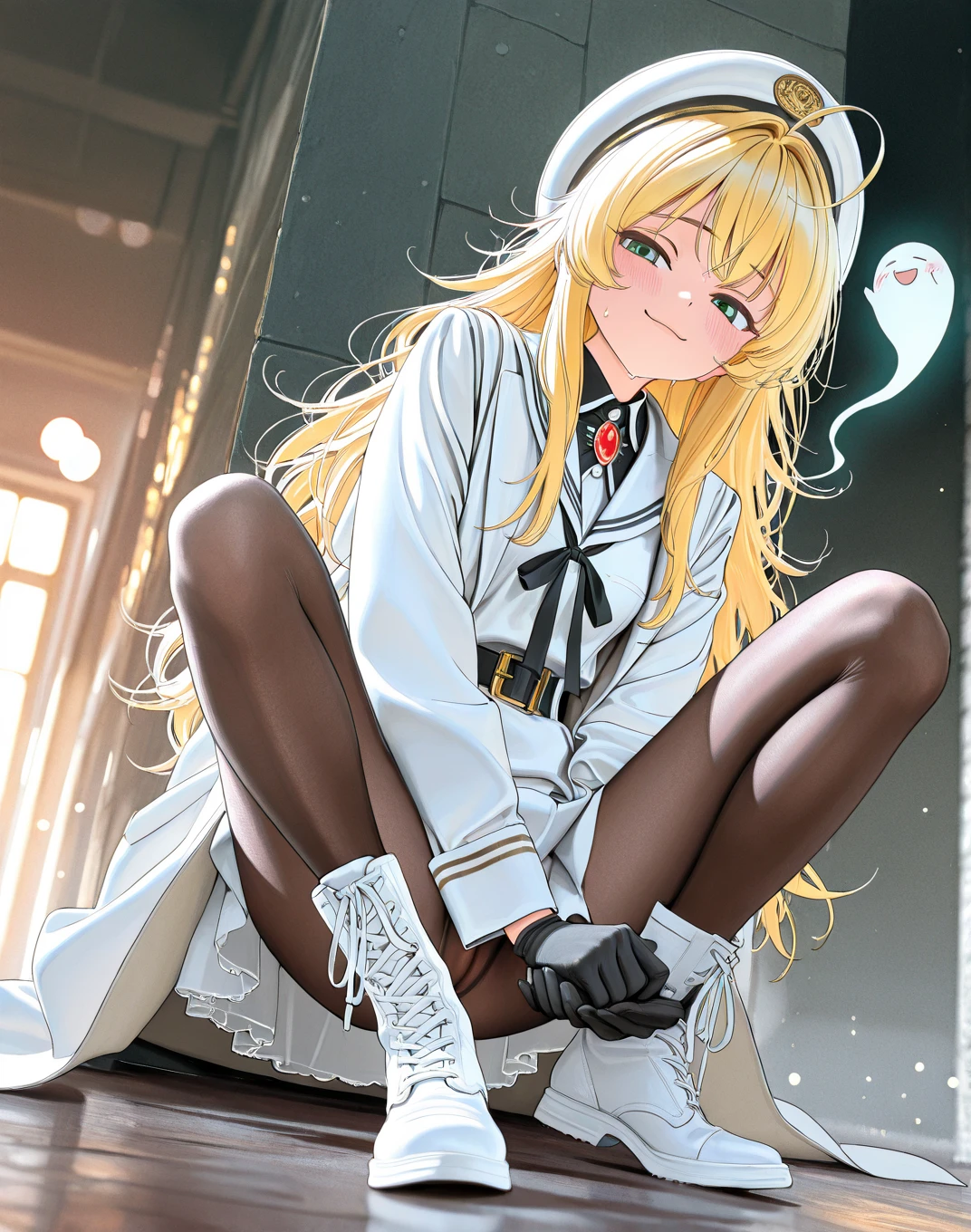 (masterpiece, best quality:1.2), <lora:littlenoah_noah-11:0.8>, solo, 1girl, noah, smile, looking at viewer, sitting, eyepatch, labcoat, vertical-striped thighhighs, (elbow gloves:1.1)
