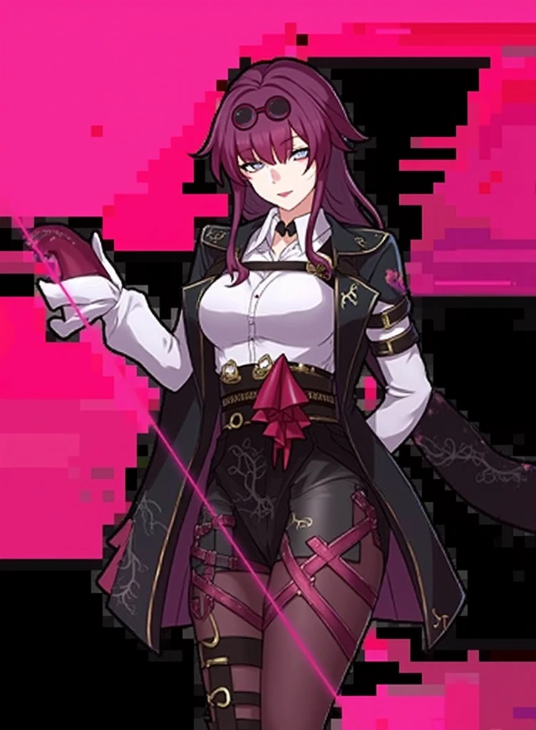 female, black long hair with magenta trim, silver eyes, wolf ears, wolf tail, (((1girl))), (((black and magenta military uniform))), (black belt), (black thigh high boots), cute and sexy, full body, large breasts, long legs, smiling