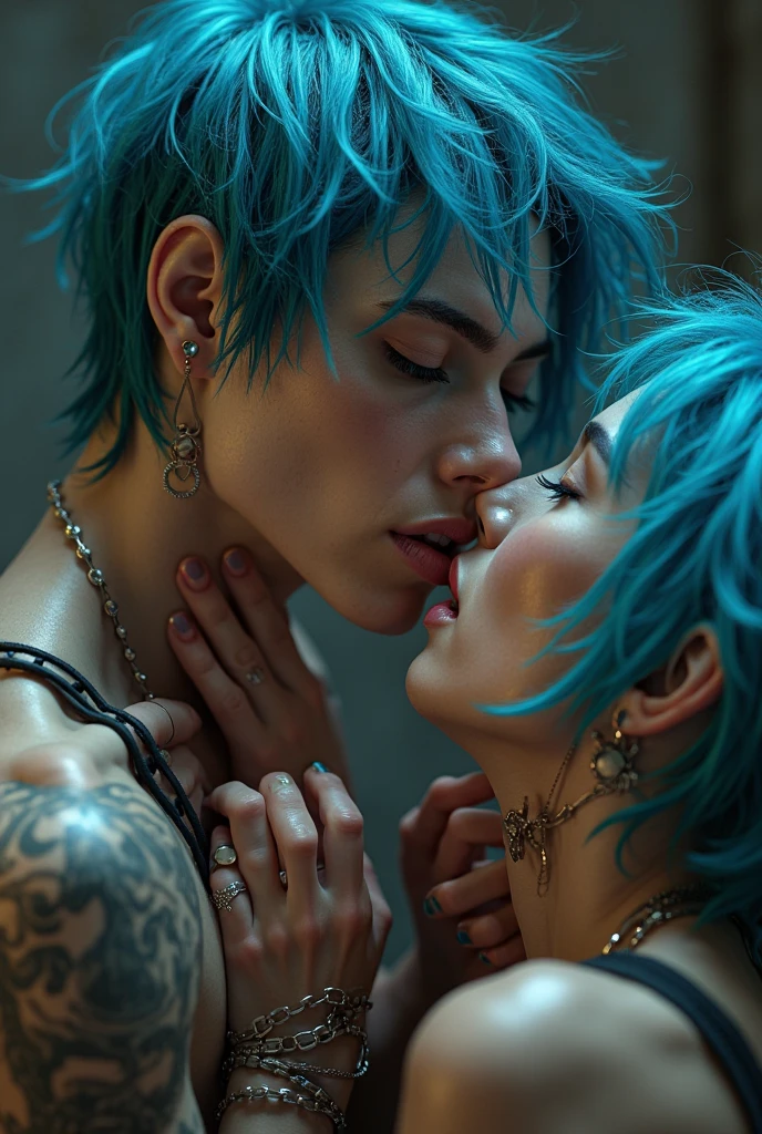a young man with shaggy blue hair,a young native man with long straight black hair,both nude on a grey couch,(best quality,4k,8k,highres,masterpiece:1.2),ultra-detailed,(realistic,photorealistic,photo-realistic:1.37),dramatic lighting,chiaroscuro,cinematic composition,hyper detailed,intricate details,exquisite rendering,chiaroscuro lighting,dramatic pose,intimate moment,erotic,sensual,erotic tension