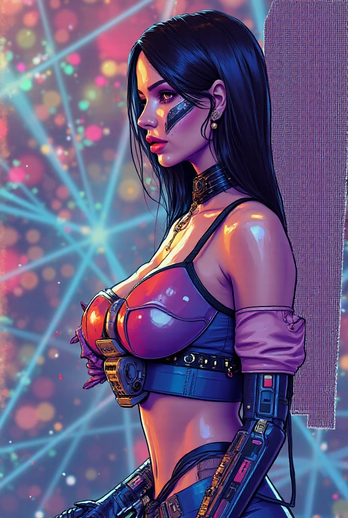 neon cyberpunk beautiful arab woman in middle of composition, (((ultra detailed flat earth futuristic city ))),beautiful arab model, black long hair, detailed and intricate (((space background))), featuring high-tech holographic projections and sleek architecture, nebula and black hole, art by (((Syd Mead, Masamune Shirow, Dylan Kowalski))), highly detailed photo realistic, (((cell shading))), god rays, ultra sharp focus, ultra high quality, vibrant, (very enormous breast:1.7), (bare breasts:1.4), shiny latex is black, latex stockings, long hair, (shiny skin:1.4), shiny lips, very big ass, symmetrical detailed face, toned, sexy, masterpiece