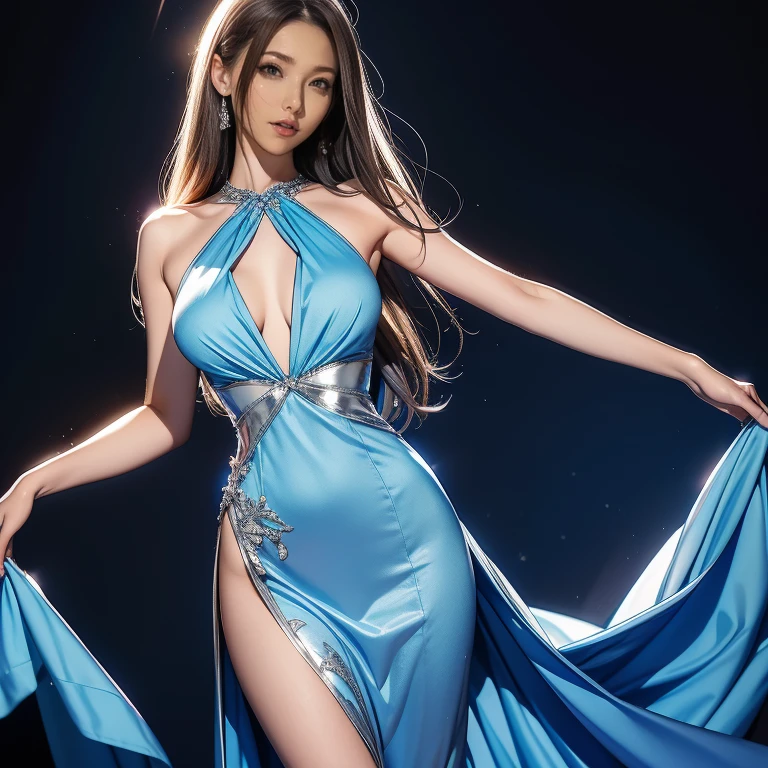 Arad woman in blue dress and white shirt walking on the beach, photorealistic anime girl rendering, render of a cute 3d anime girl, 3 D rendering character art 8 K, realistic fantasy rendering, Costume with blue accents, wearing fantasy clothing, fantasyoutfit, fantasy style clothing, hyper-detailed fantasy character, stuning fantasy 3 d render