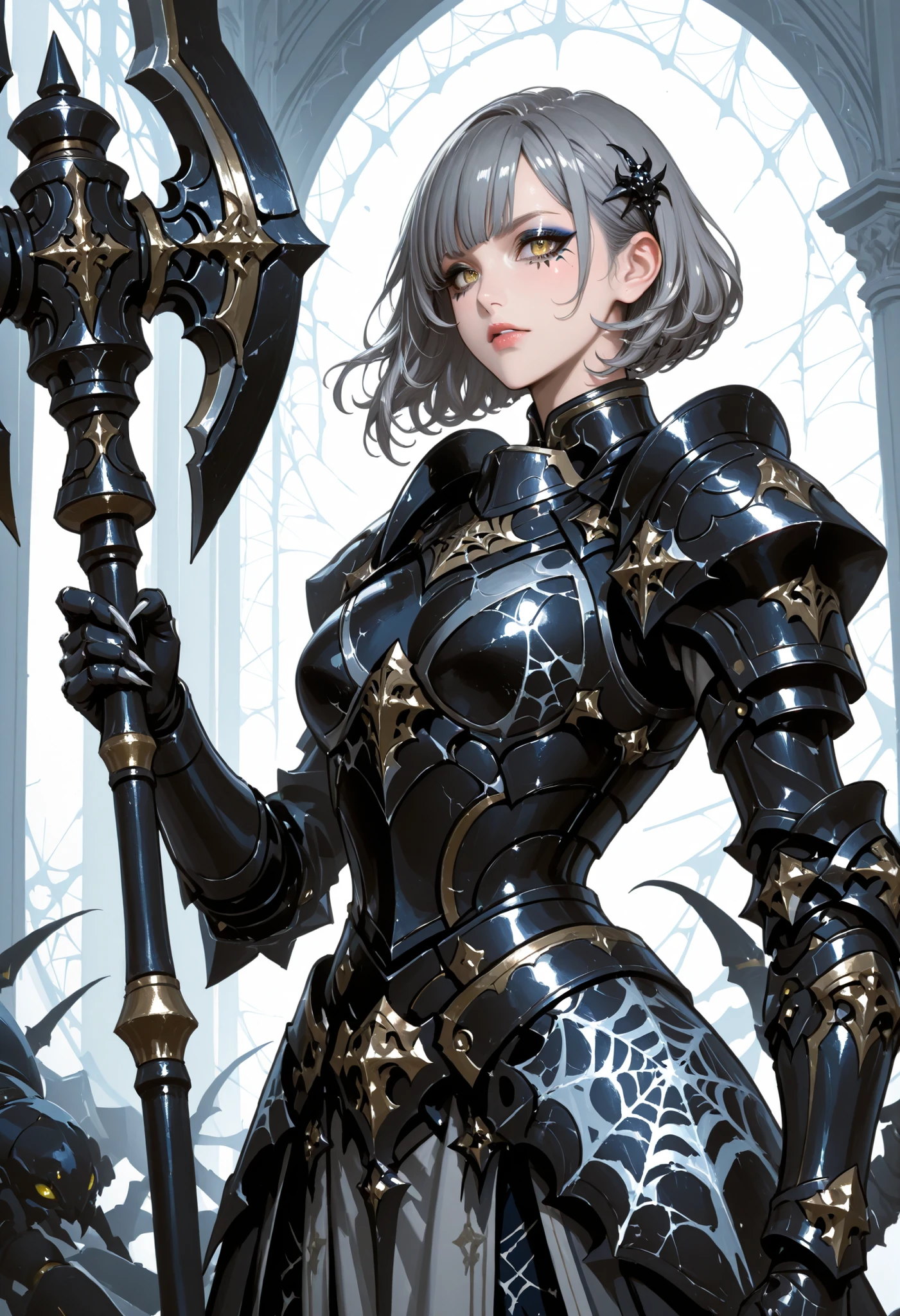 A woman in light armor. Grey hair. Short bob hair. Wavy hair. Spiky hair accessory. Yellow eyes. Spider web eyeshadow. Black armor. Spiky. Scorpion motif armor. Holding a weapon. Large hammer. Weapon hammer. Sharp claws. Armored arms. Asymmetrical hands. Carrying a large spider.