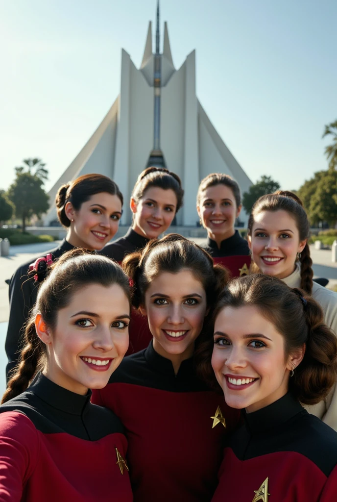 Star Trek Starfleet acadamey babes taking a selfie in front of the Academy