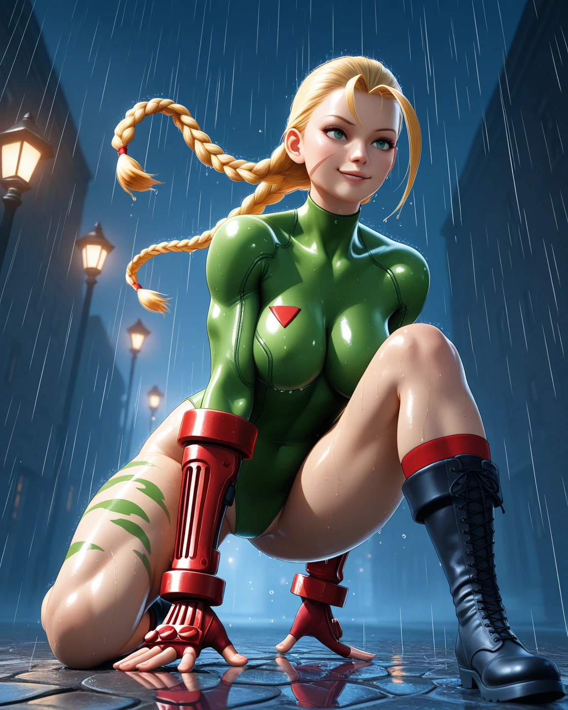 Full body image of a Ultra sexy Cammy White. She is dressed in a green thong-like leotard. She wears a Che Guevara style red beret. She is kneeling on the floor. Without pantys.