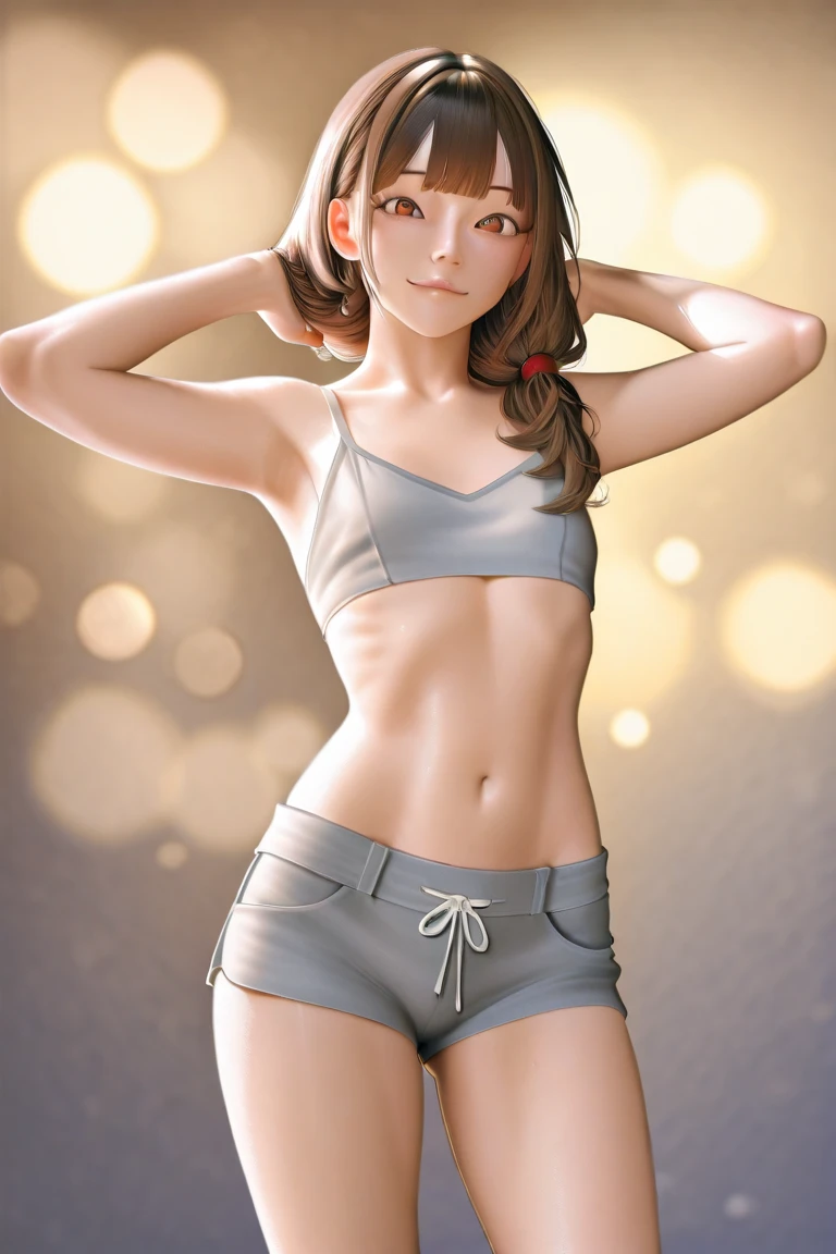 "Create a cartoon-style drawing of a lovely, slightly smiling girl, resembling a Blythe doll. She is dressed in a bikini, has brunette hair styled in a bob, dark eyes, a small cute nose, and a slender figure. The girl is standing facing forward with her hands hanging down by her sides, legs straight, and feet pointing forward."