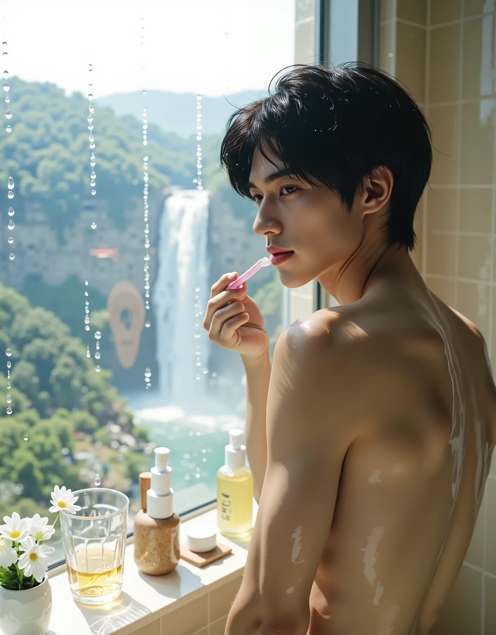 1 Boy, masterpiece, reality, best quality, Ultra High Resolution, absurd, Japanese boy, young, very handsome, Perfect Face, Sophisticated Boy, Black Short Hair, combed hairstyle, shiny hair, bangs, Brushing teeth in the bathroom, side view, nude body, blue shorts , Window glass, water droplets, Background is a close-up of a drop of water falling on the window, It was raining outside the window, Beautiful forest outside window、Lakes and waterfalls, pale skin, slim body and muscle, Excellent body proportions, full body, in the morning, Light penetrates glass, Bathroom now decorated, clear composition, 8K resolution,