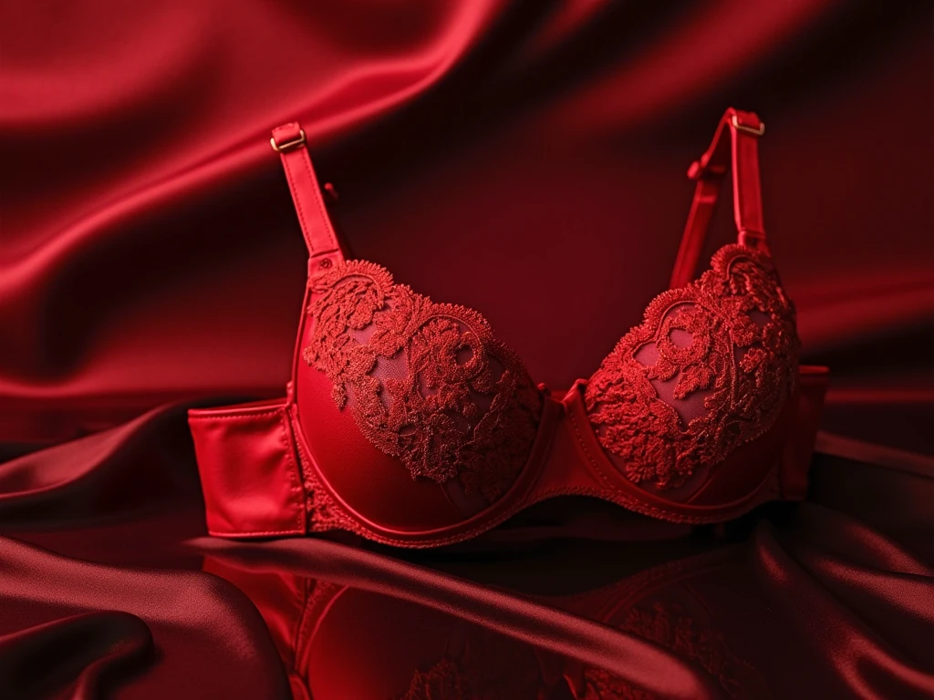 Woman in red underwear,middle aged women,Wear only underwear,Lace lingerie big breasts,thin shoulder strap,Flat belly,bare stomach,Underwear separation,Faraway view,realisticlying,Close-up of bra with red lace pattern, push-up underwire. Intricate, elegant decollete, in elegant decollete, Fine-leaf lace, exquisitely ornate, Graceful curves, Very gorgeous, sexy push up bras,, wavy lingeries, Far view, beautiful detailed elegant,Close-up of a woman with black hair,M-legs,Look ahead,Cold eyes