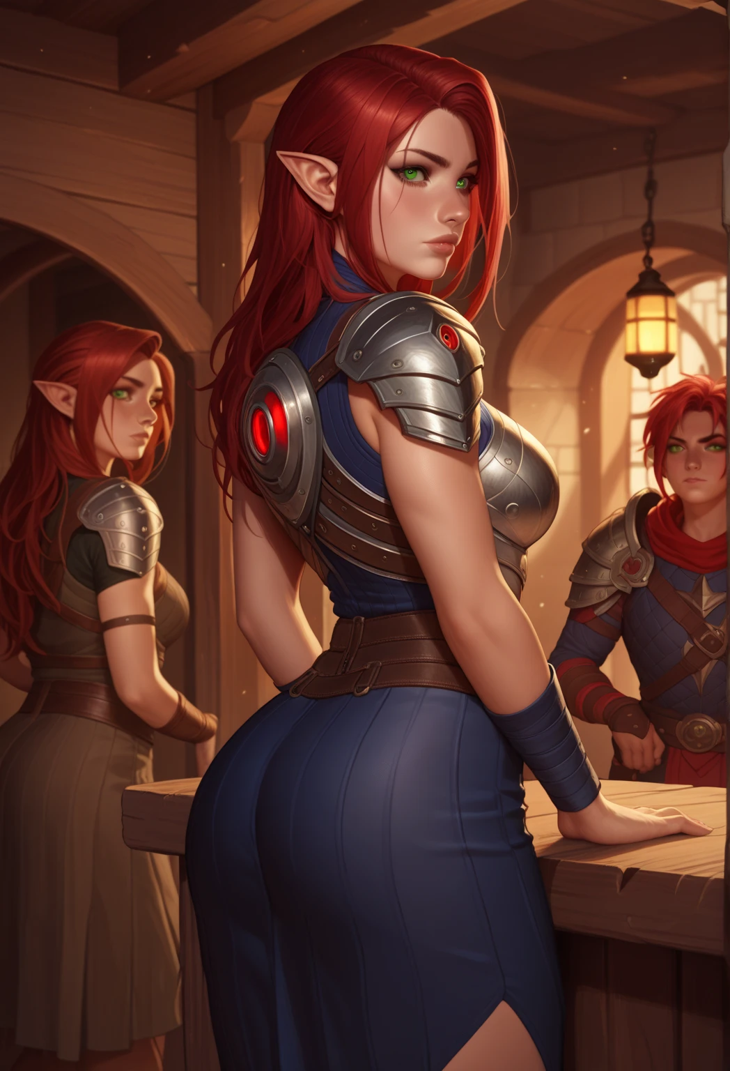 NSFW, nude, (8k, best lighting, masterpiece, best quality, best luminosity, best shadow, particles, bloom, extra lights, cinematic lights), nimona, (1girl, solo), slender figure, small breasts, bare breasts, brown nipples, red pubic hair, sexy, standing, devilish smile, (looking at viewer, red hair, sharp) in a futuristic medieval back alley