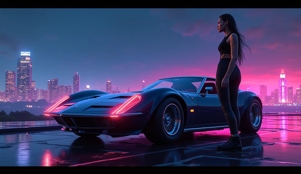 a 3/4 front view of ((futuristic cyberpunk hotrod zeekars)) (with glowing tires), next to ((gal gadot)), at the parking lot, sunset