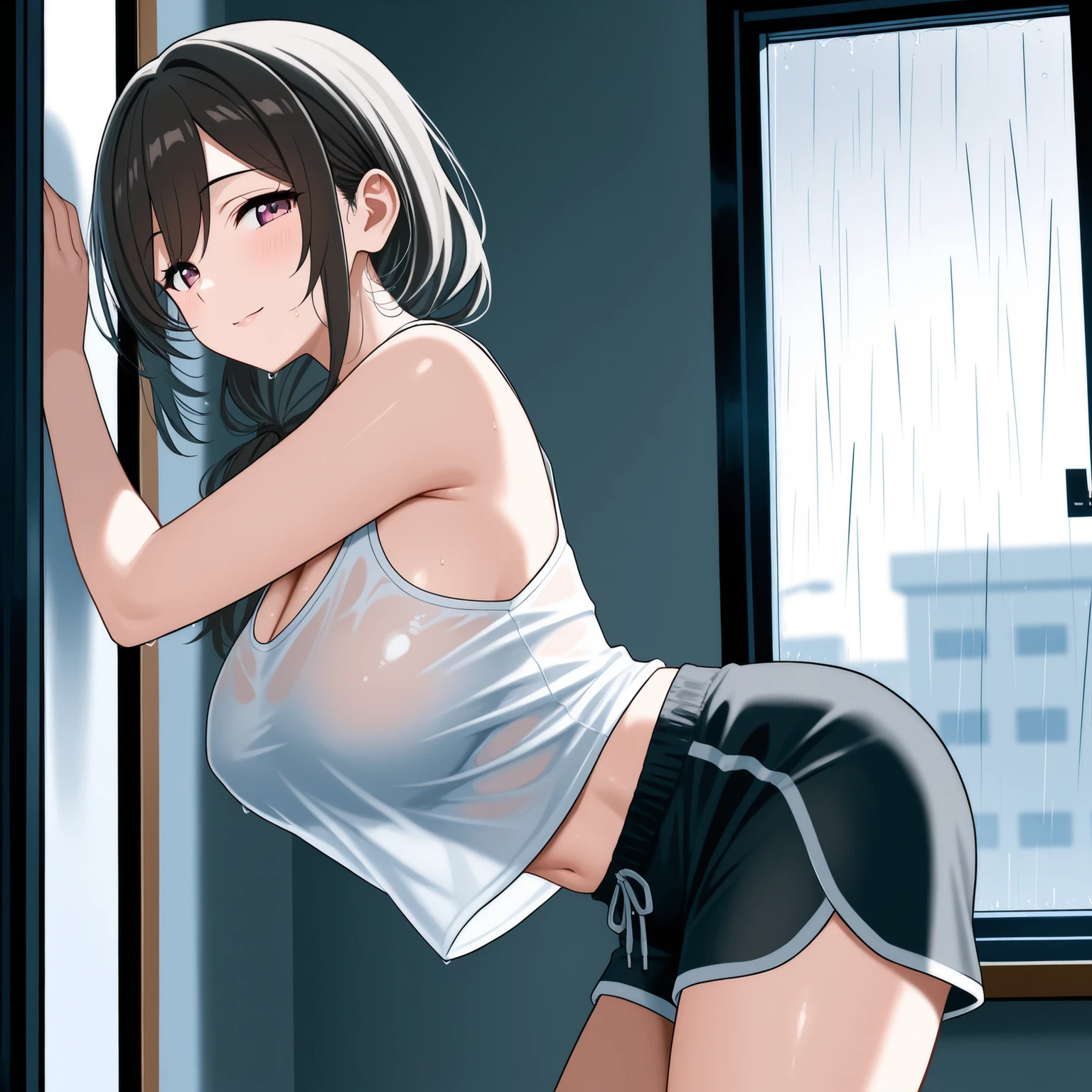 1girl in、middlebreasts, abdominals、big breasts thin waist、独奏, White polo shirt, White sneakers, Tennis Wear, white mini-skirt, masterpaintings, top-quality, Photorealsitic, ultra-detailliert, (shiny skins, perspired:1.4), looking at the spectator, With short black hair, Brown-eyed,slender,dynamic light and shadow,hight resolution,depth of view,The eyes are delicate,Sharp pupils,pupil realistic,(Attractive),(thighs thighs thighs thighs:1.0),outside of house,Skysky