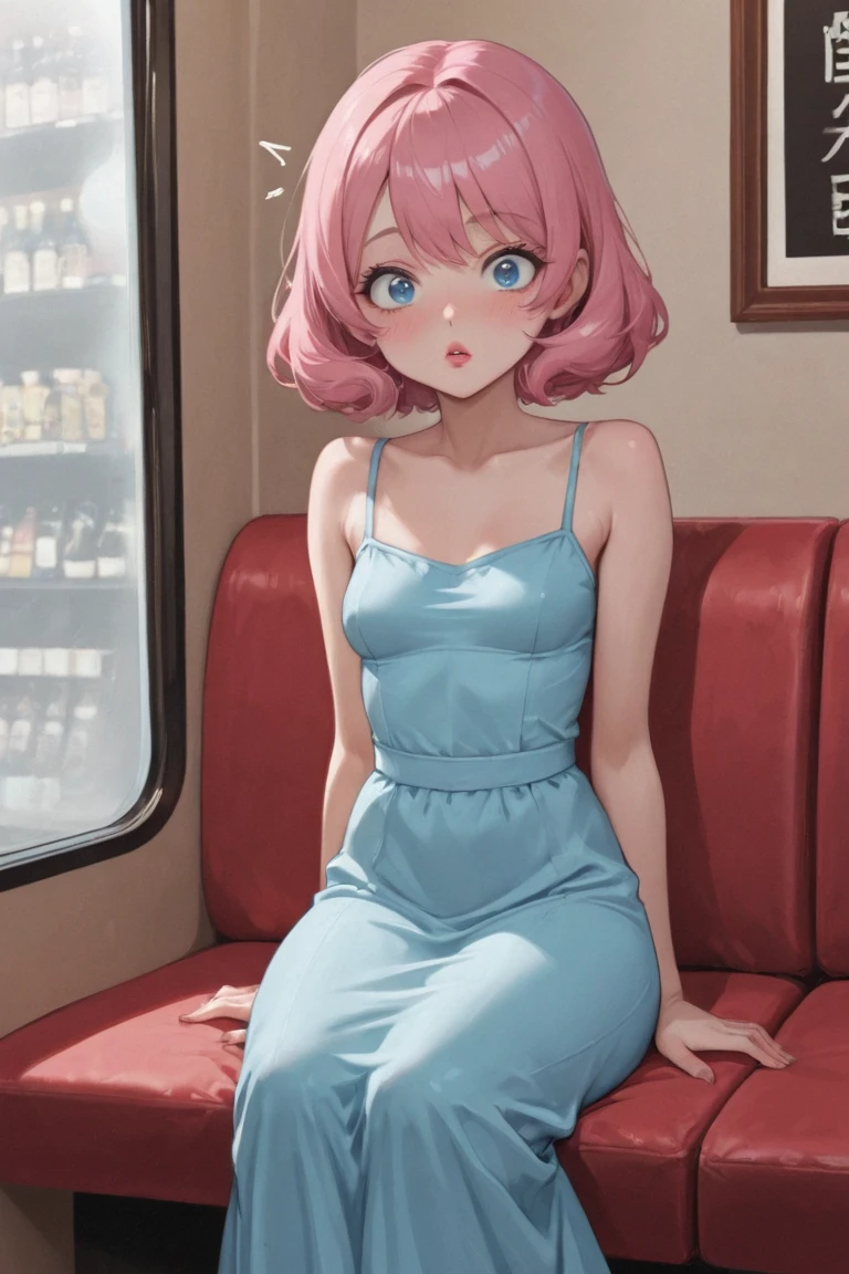 masterpiece, Highest quality, Earrings, Pink Dress, belt, Small breasts, Alone, Upper Body, hot, Sweating a lot, Sitting, ponytail, looking at the camera, Ocean, beach, Take off, Pause, angry