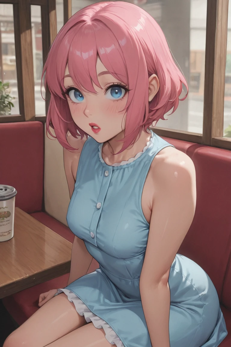 ((Highest quality, 8k, masterpiece :1.3)), (Sharp focus :1.2, Beautiful woman with perfect figure :1.4, Slim Abs), ((Big Breasts, Emphasize cleavage:1.2)), (Photorealistic:1.4), (realistic:1.4), (Pink Hair:1.5), Highly detailed face and skin texture, Fine grain, double eyelid. Makeup face, A little bit of lipstick, sex appeal, Sexy gravure pose, ((A high school girl in uniform、Having tea with friends at a cafe after school。She sat on a chair、Legs crossed。The cafe background features wooden furniture and warm lighting.、It's a relaxed atmosphere。A simple bracelet is an accessory。:1.3))