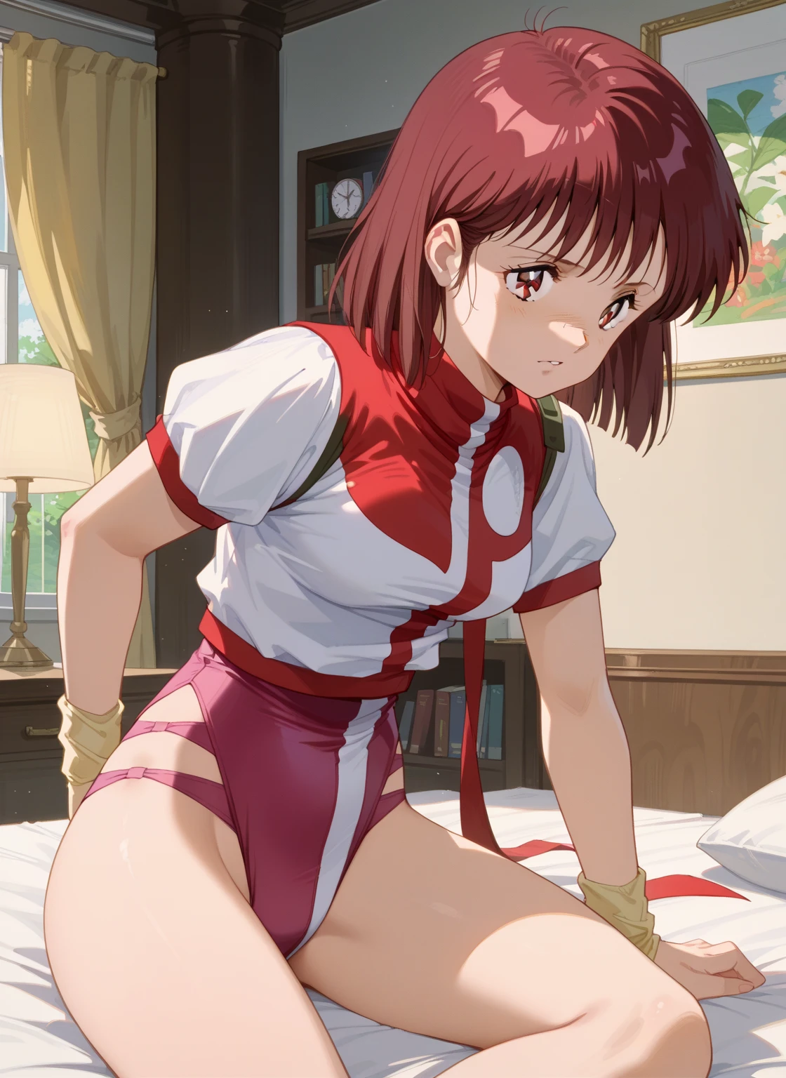 straight-on, masterpeace,bestquality,,,norikotakaya,1girl, medium hair, brown hair,brown eyes, headband, short sleeves,leotard under clothes, wristband, leg warmers,shoes,dynamicpose