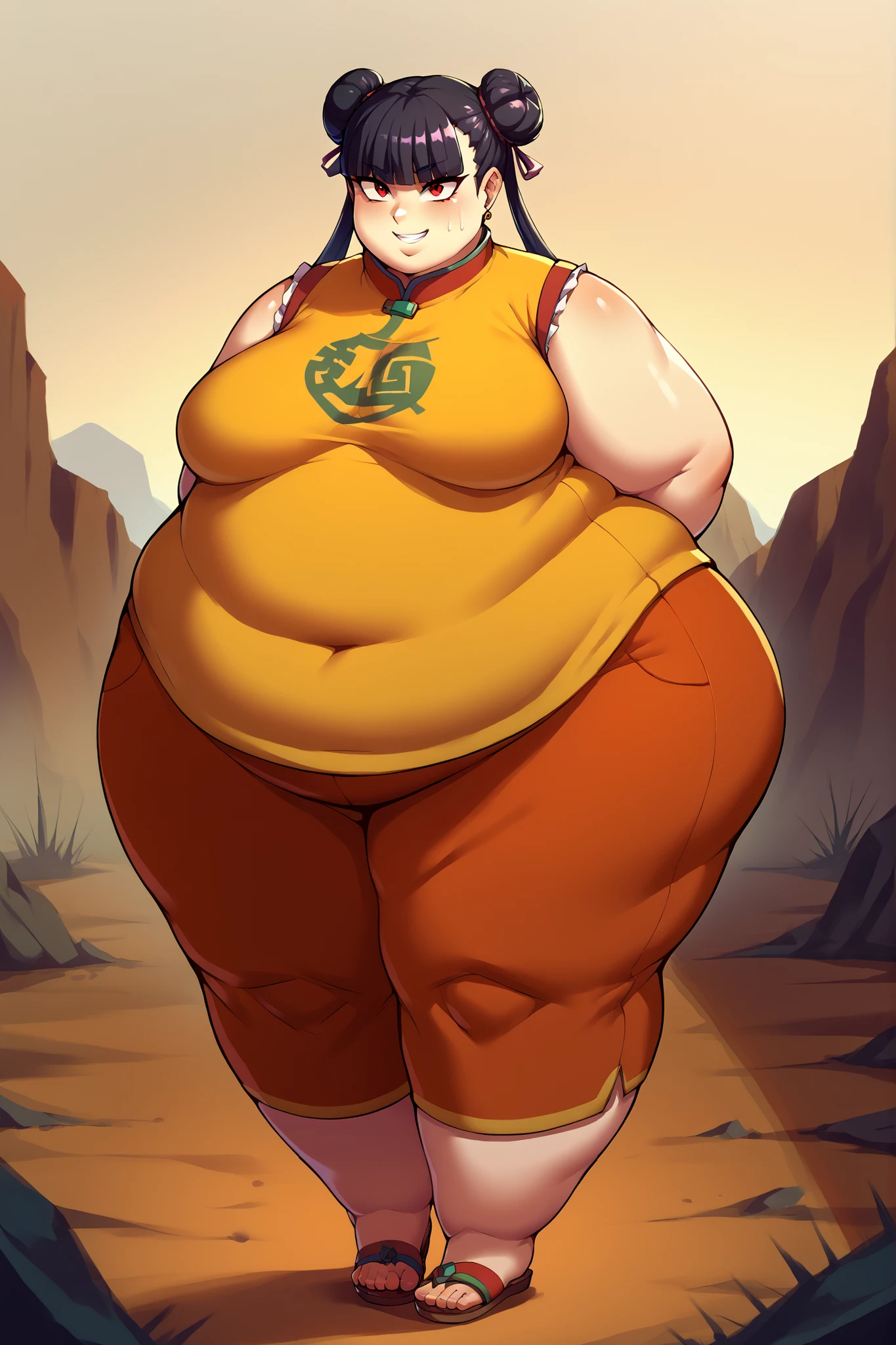 araffe woman with a tattoo on her butt posing for a photo, thick, exposed thicc thighs!!!, thick thicc thighs, thick things, she has a round and fat belly, michael angelo inspired, angelawhite, thicc thighs!!!!!!, wearing orange prison jumpsuit, clear curved details, cintura fina e quadris thicks, thick neon lights, Broad Hips