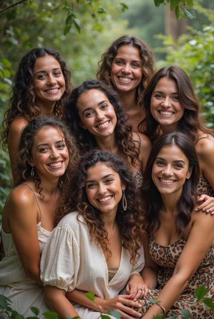 a selfie with a meeting of 6 poor and somewhat ugly women, aged around 35 to 50 years, who suffered possible domestic aggression, in the backyard of a house in the favela, that looks like an amateur photo, with a half-down smile, hugging, Brazilian Women, black, brunettes, curly and wavy hair, a little sad, older