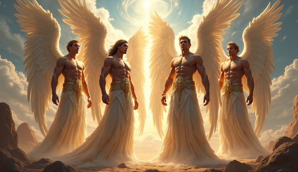 The two angels Michael and Gabriel with male faces and bodies, with proportional wings in a post-apocalypse reality in a parallel reality, before two humans, looked at the fallen angels dead after their victory against the legion of fallen angels, looking at his next opponent with his swords in hand after waiting for his next opponent lucefo