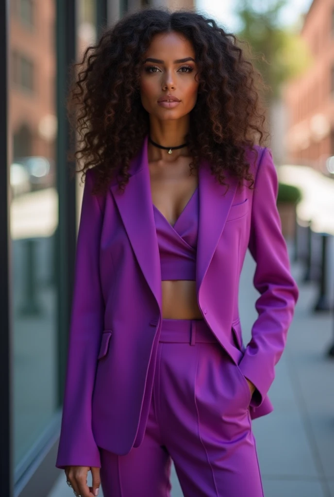Quero uma foto realista de uma brasileira com tom de pele morena, da cintura para cima com cabelo preto curto, She's wearing a ((roupa roxa)) the photo needs to be of the entire body and you can't cut your hair. She has a happy expression, with an expression that she slept very well and is ready for a new day, the lighting is soft, the photo is being taken from a horizontal point of view, tirado de um iphone, em torno da foto, you can see the image is at night. ((your hands need to be perfect))