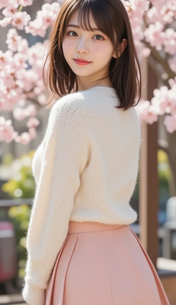 (Extremely meticulous CG),(((8k))),wallpaper,((Extremely refined and beautiful)),(((Masterpiece))),(((best qualtiy))),(((Ultra High Resolution))),beautiful light up,Perfect lightning,realistic shaded,(Smooth and flawless fair skin:1.5),Extremely exquisite facial details,(ultra-detailed:1.5),((a beautiful girl)),(shoulder length straight bob hair:1.2),(small head:1.2),(slender face:1.2),(Exquisite makeup:1.3),(happy:1.2),(laughing:1.2),(perfect body:1.1),(Pink cardigan sweater:1.3),(underneath the sweater is white collared shirt:1.3),(small breasts:1.2),(flat chests:1.2),((slim,thin)),(low-rise light blue denim pants:1.2),(towering hips:1.5),(from back:1.3),(upper body:1.3),(standing:1.3),(at the schoolgate:1.3),(outdoor:1.2),(early spring:1.3),(day scene:1.5),(Bright afternoon sunshine:1.3),(surrounded by crowded crowds:1.5),