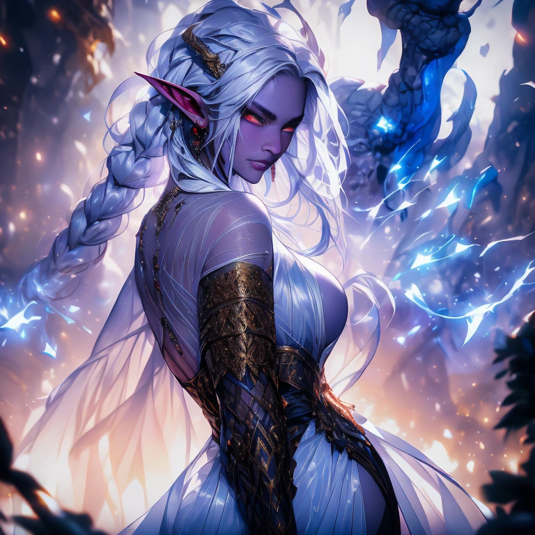 full length closeup portrait of complex detailed fractal aurora, forming a hyper-detailed ghostly vision of a beautiful succubus in the sky, busty, reflection in water, Ripples on the water, dark mountains on the horizon, backlight, Starry night sky background, very detailed galaxy, DAZ 3D landscape rendering, Unity, Unreal engine 5, UHD resolution, sharp focus, 8 k, 12 MPoutdoors, extremely detailed, details, masterpiece, ((illustration)), 4k, 8k, high quality, highres, lighting, cinematic, award-winning, 1girl, tall, drow, female, pointy ears, solo, elf, long hair, colored skin, white hair, blue skin, jewelry, earrings, hair bun, single hair bun, bare shoulders, profile, upper body, from side, signature, piercing, artist name, ear piercing, nose, lips
, ((masterpiece, best quality)), art by greg rutkowski 