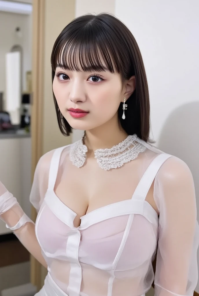 ​(masterpiece, highest quality), japanese mature, (alone), 60 years old, (wrinkles around the eyes:1.55), big breasts, mature woman, Glamour, Sexy, pure white skin, looking at the viewer、(super big breasts:1.28)、(Wavy Longhair)、small diamond necklace、earrings、(((bell sleeve blouse, frill skirt)))、short boots、smile、Public place、cross your legs、sit on a chair、full body photo、