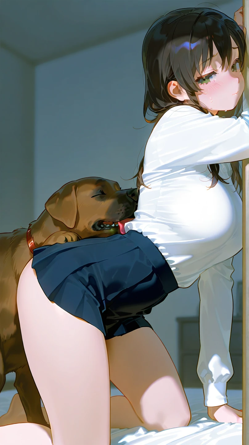 1girl, having sex with a dog, bestiality, pain face, pussy focus, pussy close up, pants pulled down, shirt pulled up, dog knot coming out of pussy, monochrome, penis inside the vagina, dog knot coming out of vagina, big dog knot, caramel fur dog