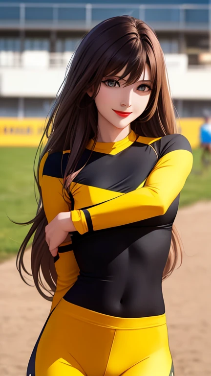 23 year old woman, yellow eyes, brown hair, brown skin, large breasts, wearing sports clothing
