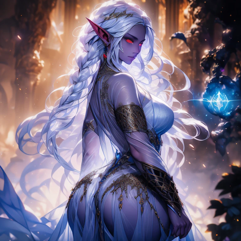 A tall and beautiful elf woman, light blue glowing eyes, cold expression, proud posture, chest up, lavender skin, purple facial tattoos, silver tied hair, exposed chest, exposed shoulders , showing her navel and thighs, looking up at the camera, in a medieval inn.