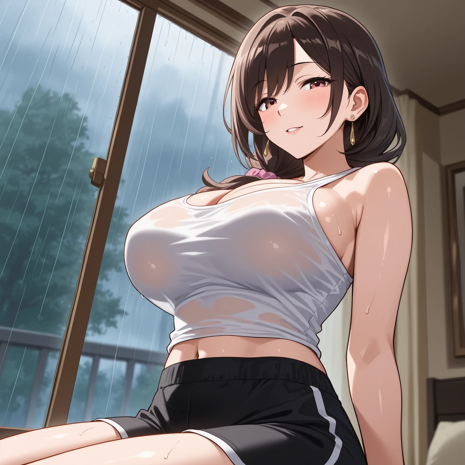  beautiful　Married Woman　0　mature woman　tank top for zazen meditation　shorts from below dusk　charming　glamour　sexy　living room　window　Heavy rain outside　windowから外を見ている
