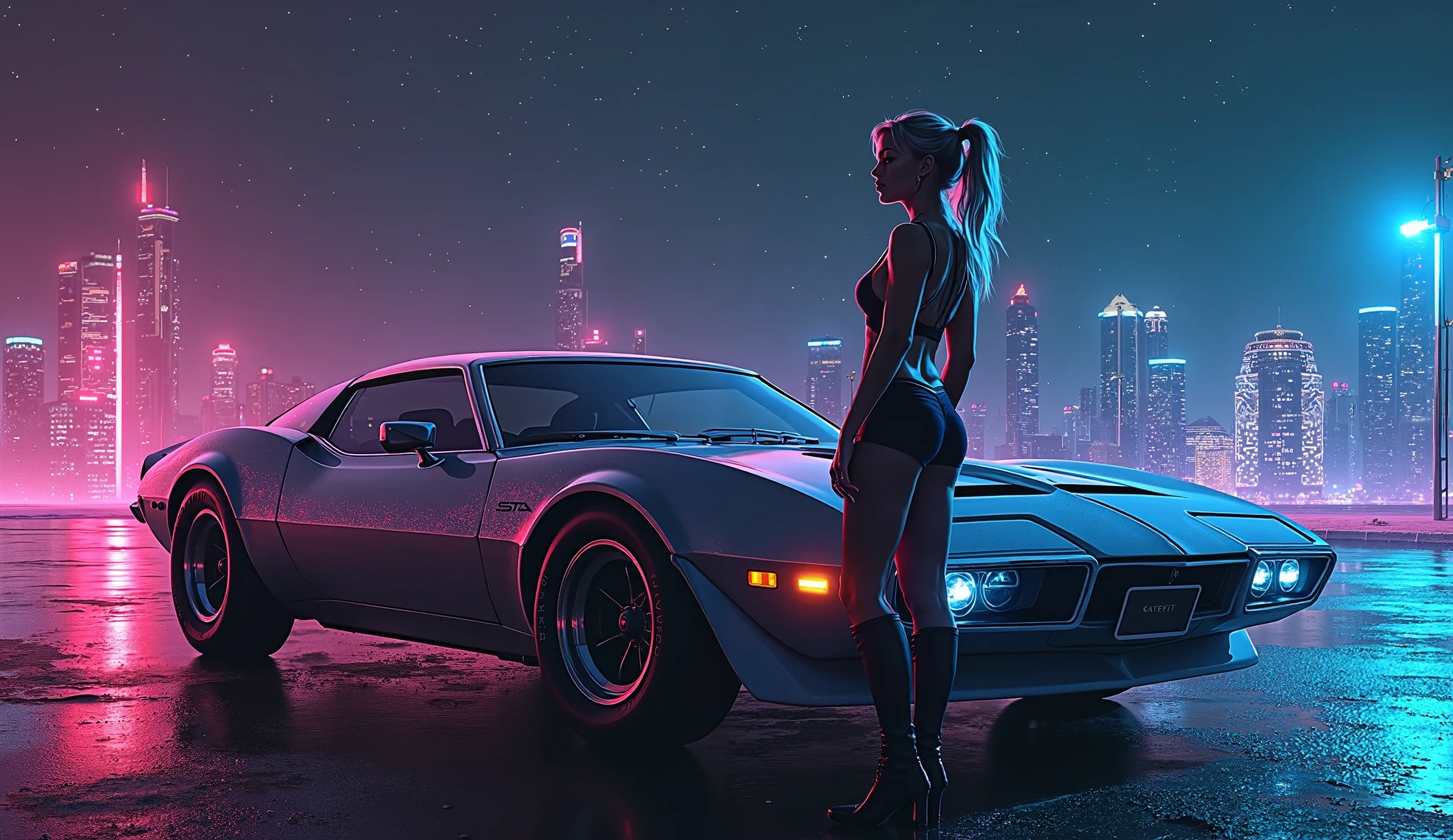 (masterpiece)+, (Best quality)+, (Complex detail)+, cyberpunk car, a sexy girl posing next to the car matte black painting, showroom concept, lens flare, camera artifact, professional photographer, 4k, HDR, longitudinal symmetry, close up on the girl