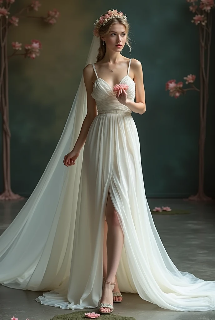 Imagine um vestido de noiva feito de um tecido branco suave e fluido, with a defined waist and a full skirt that sways delicately with each step of the bride. The dress's corset accentuates the bride's delicate waist while the elegant sweetheart neckline highlights her neck and chest..
