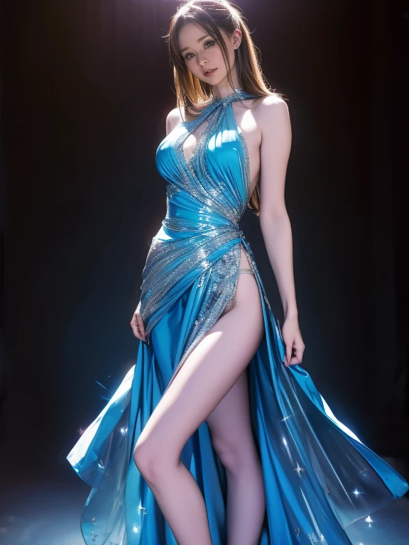 ((masterpiece, highest quality, Best image quality, High resolution, Realistic, RAW Photos, 8k)), ((Highly detailed CG synthesis 8k wallpaper)), Dancing in the starry sky, View from behind, (blue glowing), Shining blue in the dark night, Fluttering summer dress,smile、One leg raised