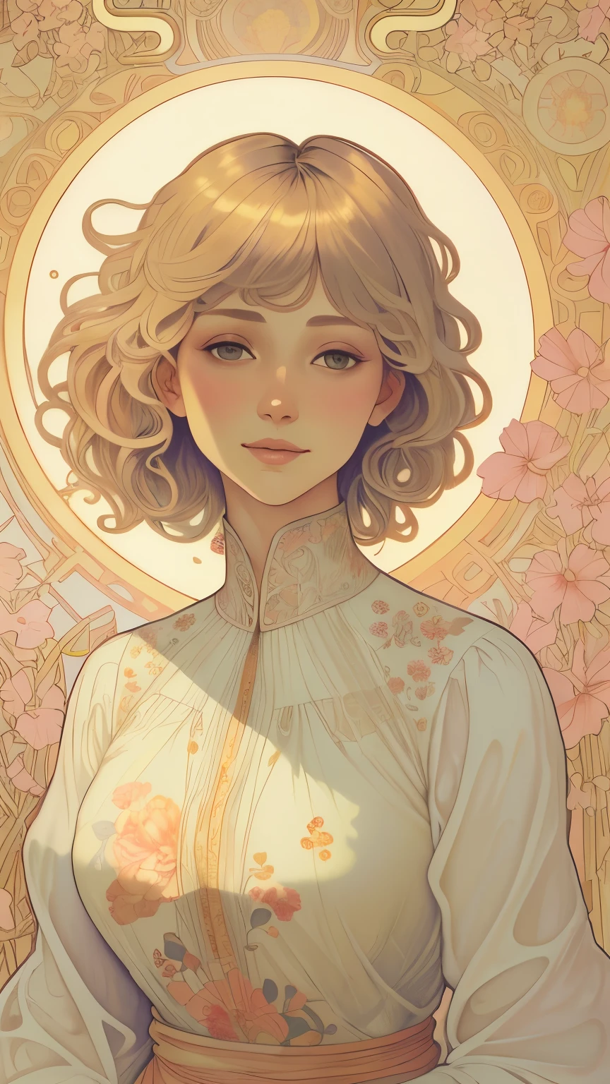 378(20 year old women),(short hair),(gentle smile),(high quality photos),(Alphonse Mucha),(colorful floral dress),(A room with a large painting),((contrast between light and shade))