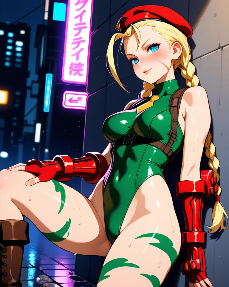 Cammy from street fighter, very big tits totally naked, straps , fishnet, wearing cheerleader costume