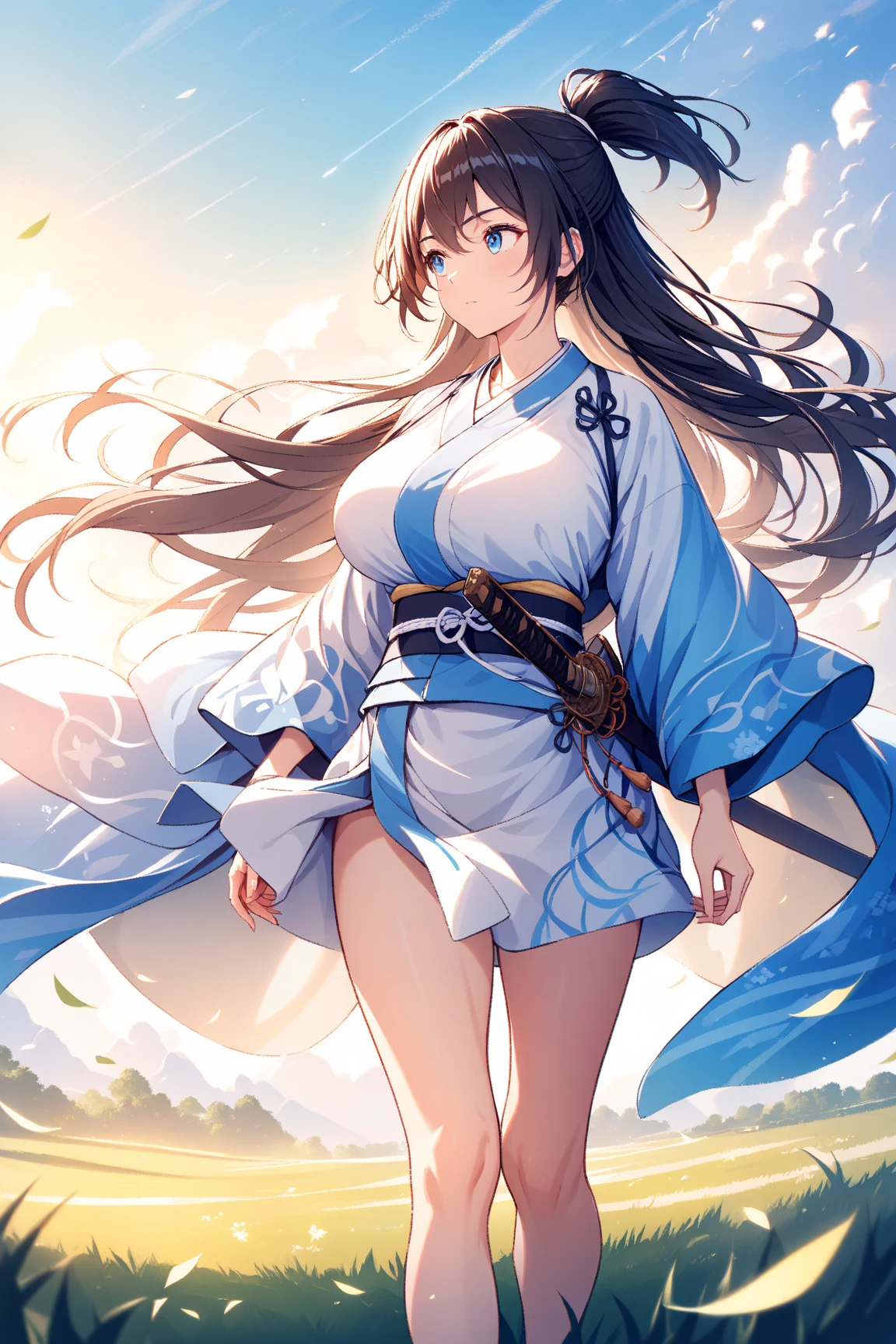 masterpiece, high quality, Girl, in battle stance, facing her back, glowing sword with glowing blade and white handle (holding it for the handle), really long brown hair, blue eyes, blue ornaments in her hair, skinny, blue short kimono (covering her butt), big butt, white lace thigh-high stockings, cinematic light, trees, waterfall, Chinese shrine, blue sky, white clouds