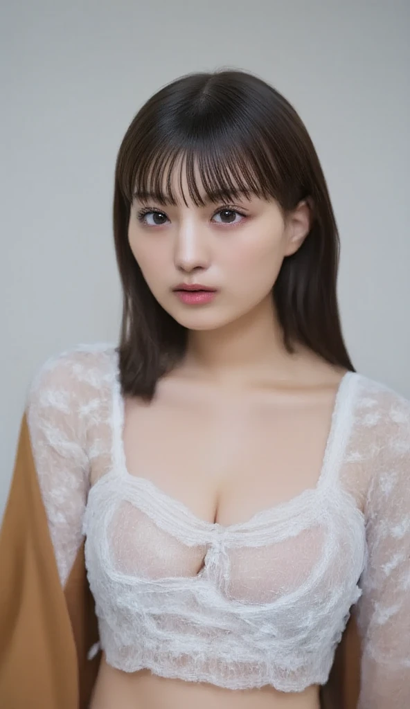 Kasumi, brown eyes, (best quality, ultra-detailed), (realistic:1.37), beautiful and detailed face, ultra-realistic texture, delicate face, delicate body, red lipstick, bright colors. High definition, 8K. with an expression of a slight cute smile