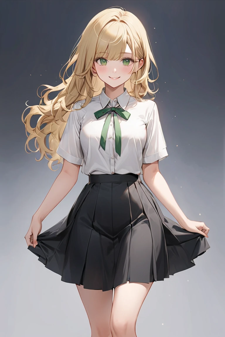 Blonde Hair, choker, (Green Eyes:1.5), Long Hair, dress, skirt, blush, blush stickers, Cross your arms behind your back, Arms folded behind back, school swim wear, break looking at viewer, break outdoors, city, break (masterpiece:1.2), highest quality, High resolution, unity 8k wallpaper, (figure:0.8), (Beautiful fine details:1.6), Highly detailed face, Perfect lighting, Highly detailed CG, (Perfect hands, Perfect Anatomy),
