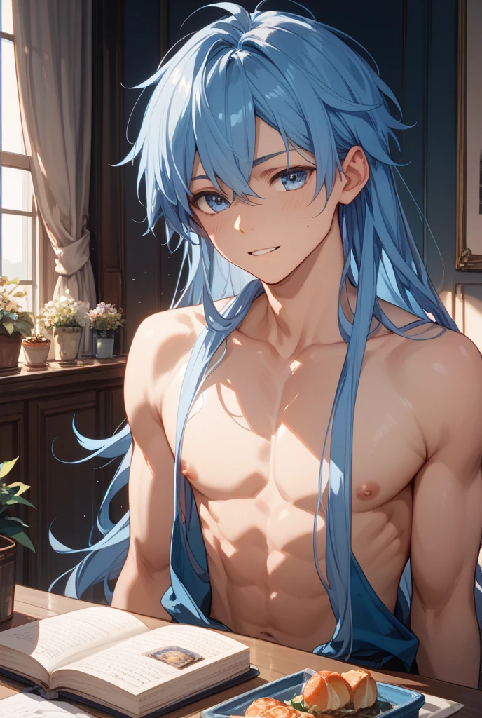 (hyper-realistic digital illustration), hires, best quality, boy wearing micro thong, full mast, erect bulge, see-through thong , underwater world, wide angle, swimming, athletic body, male, iridescent skin, flat chest, silver eyes, green hair styled in spikes, determined expression, bioluminescent lighting, small waist, broad chest, big mane, slim scruffy, muscular, front view, lying on his back, legs raised, legs spread.