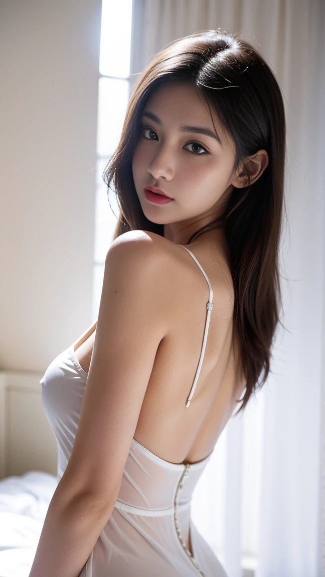Mix 4, (8k, Live Shooting, Highest quality, masterpiece: 1.2), (Real, Photorealistic: 1.37), 一人のgirl, cute, night, rain, Wetty, Professional Lighting, Photon Mapping, Radio City, Physically Based Rendering, Gradient black hair, Gray Hair, Short Curly Hair, good looking, girl, Highest quality写真, High resolution, 1080P, (Clear Face), (Detailed face description), (Detailed hand description), (masterpiece), (Exquisite CG)、Extreme light and shadow、Disheveled Hair、Masterwork、Rich details、(Fine facial features)、(Highest qualityの写真)、(Masterpiece)、(Detailed eyeid-breasted))、Nipple erection、Sexy、Lady、Clear、Smooth Hair、Clothes are not shiny、Change of clothes中、In the process of taking off clothes、Change of clothes、Beautiful back、Bare back、With your back facing forward、Back muscles、