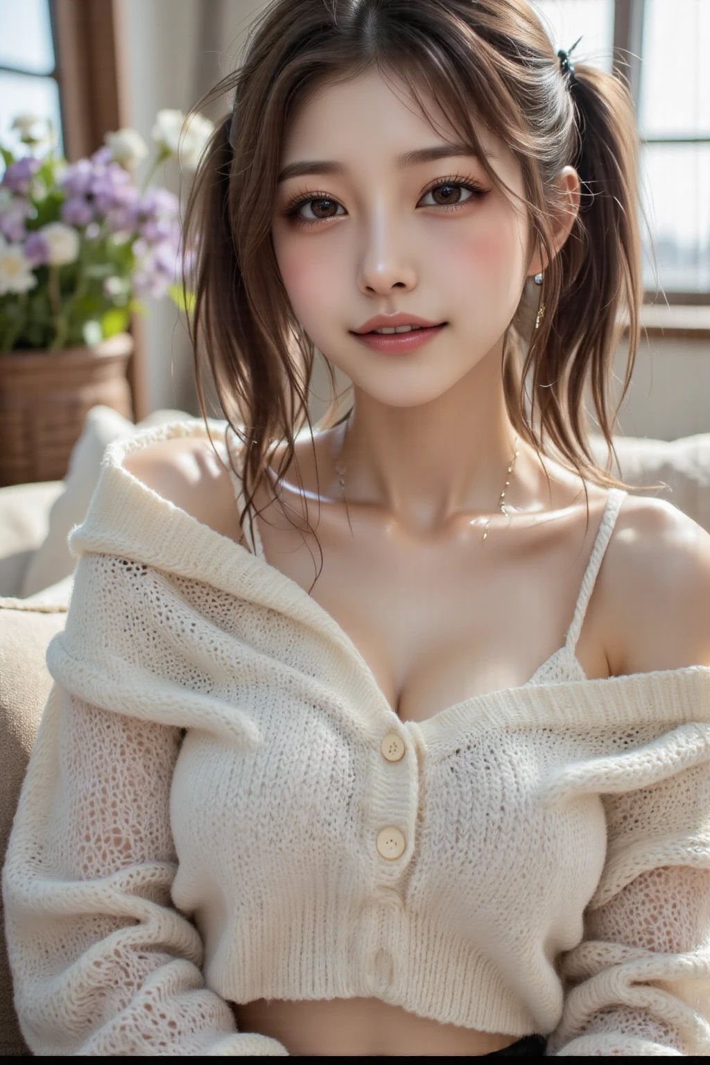 Realistic、Masseter region、Highest quality、High resolution、RAW Photos、Realistic、Bright lighting、Face Light、Smooth Professional Lighting、Japanese women、Beautiful woman、Modeled、gravure、sexy、so beautiful、Realisticで美しい肌、Beautiful and detailed、Detailed face、slim、Large Breasts、(Exposed cleavage)、((I can see the nippleedium Long Hair、Brunette color hair、Brown eyes、Looking into the camera、On all fours、White short knit sweater、Not wearing pants、((Top view))