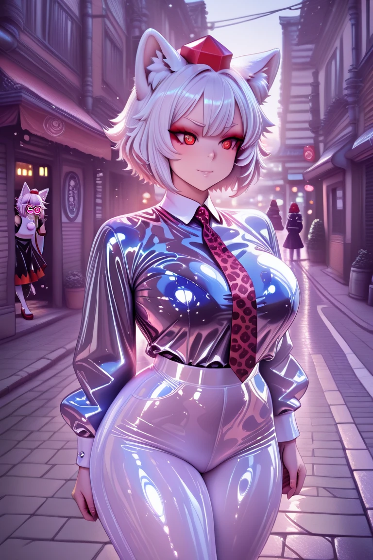 masutepiece, Best Quality, colorful, ray tracing, perfect lighting, extremely detailed 8k wallpaper, detailed background, High resolution, solo, 1girl, Full body, Description Girls, detail hands, Detail fingers, Detail Face, cute face, detail legs, overdetailed art, Fine details,Huge breasts, Huge ass, steam, (Sweat), white hair, straight hair, pale skin, purple eye shadow, pale purple eyes, red lips, (whore outfit), (cheetah print), jacket over outfit, in town, crowd, evil grin,