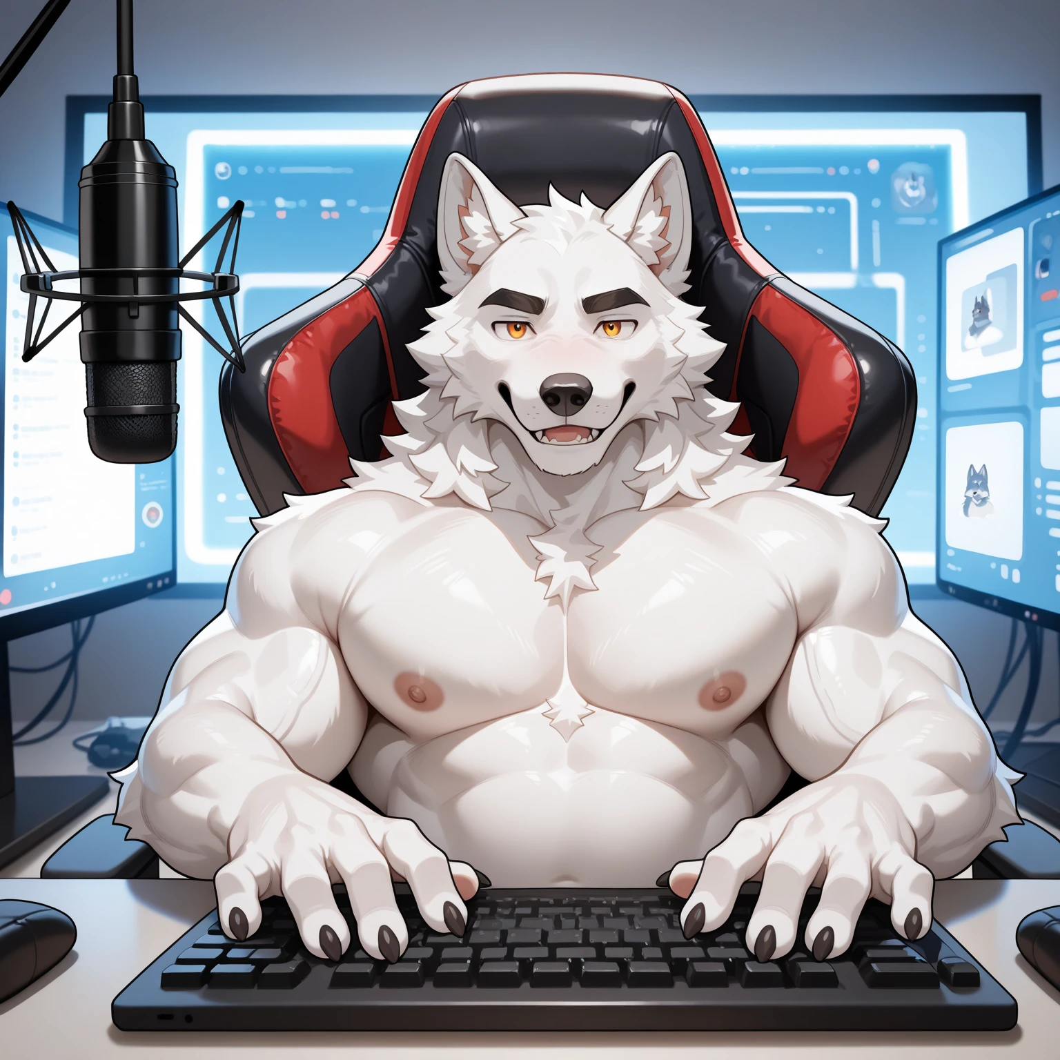 masterpiece, best quality, 8k resolution, Very detailed, hairy,(((polar bear)),(((Mature))),(((Middle-aged and elderly))),(((Strong))),(((White hair all over body))),portrait,(((White hair))),(((body blue stripes))),(((Room))),For the audience,(((Black tight rubber suit))),Highest quality scene,Solitary,solitary,(((whole body))),(((Sweating))),(((Kneeling))),(((in front of computer desk))),(((Shirtless))),((Fat-enclosed muscle)),(((Shameful))),((Blushing)),(((Round face))),(((alone))),((collar)),(((Strong body))),(((Hip bulge))),(((Tongue out))),(((Computer screen chat box)))