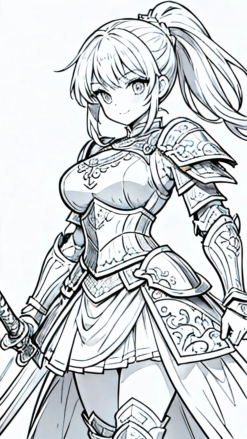Line art bottom, bottom, monochrome, Line art, ((sketch)),Top quality,masterpiece,monochrome, line drawing ,Unique color,Create a detailed coloring page of a beautiful fantasy girl with a ponytail hairstyle. She is dressed in ornate knight armor and holds a large, elegant sword.She wears sexy armor..She is smiling,she's wearing a mini skirt,she is a warrior,She wears armor,Unique color,using only white