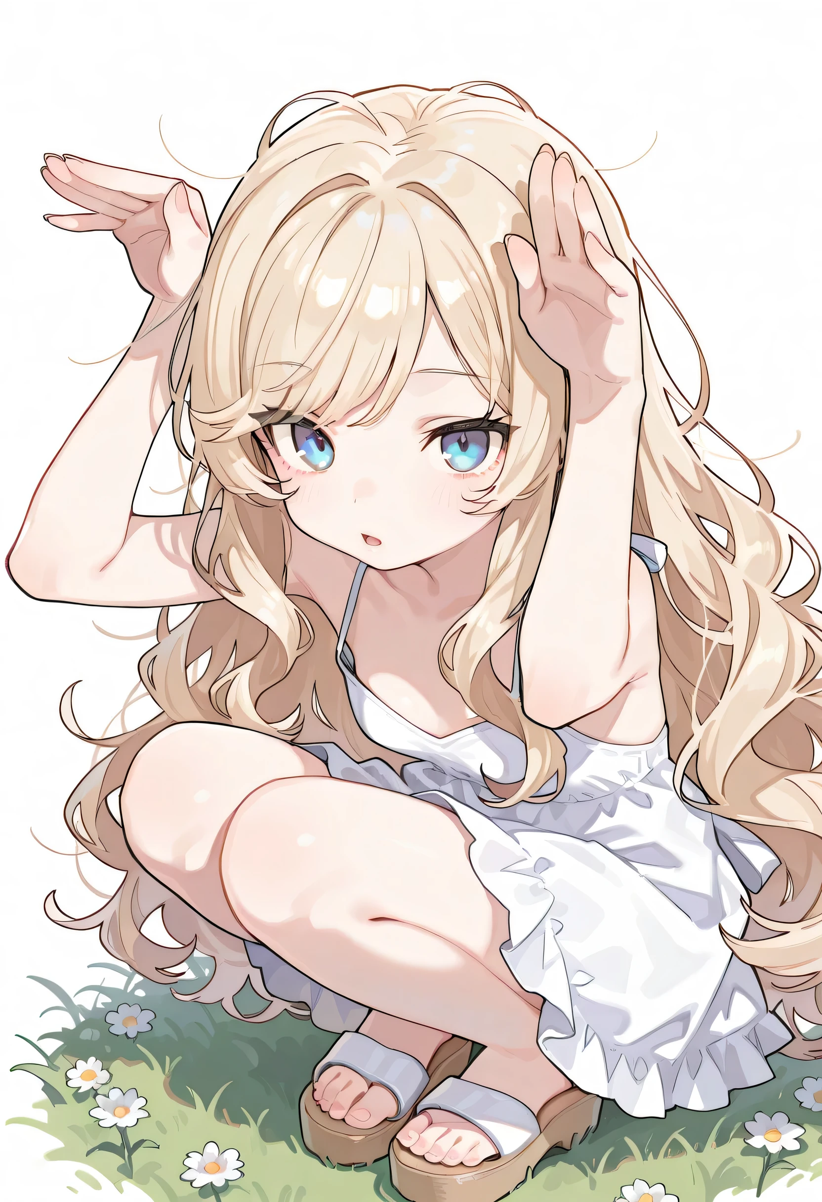 {{{masterpiece}}}, {{{best quality}}}, {{ultra detail}}, {illustrations}, {{very delicate and beautiful}},1girl, , solo, very long blonde hair,blue eyes,pale skin,detailed beautiful eyes,(bunny Pose),(swept bangs:1.2),messy hair, curl outward hair, meadow,,,from above, summer dress,, (head tilt:0.3),tsurime,,detailed fingers, expressionless, lips:0.1, put hands on head, squatting, full body, sandals, open mouth, 