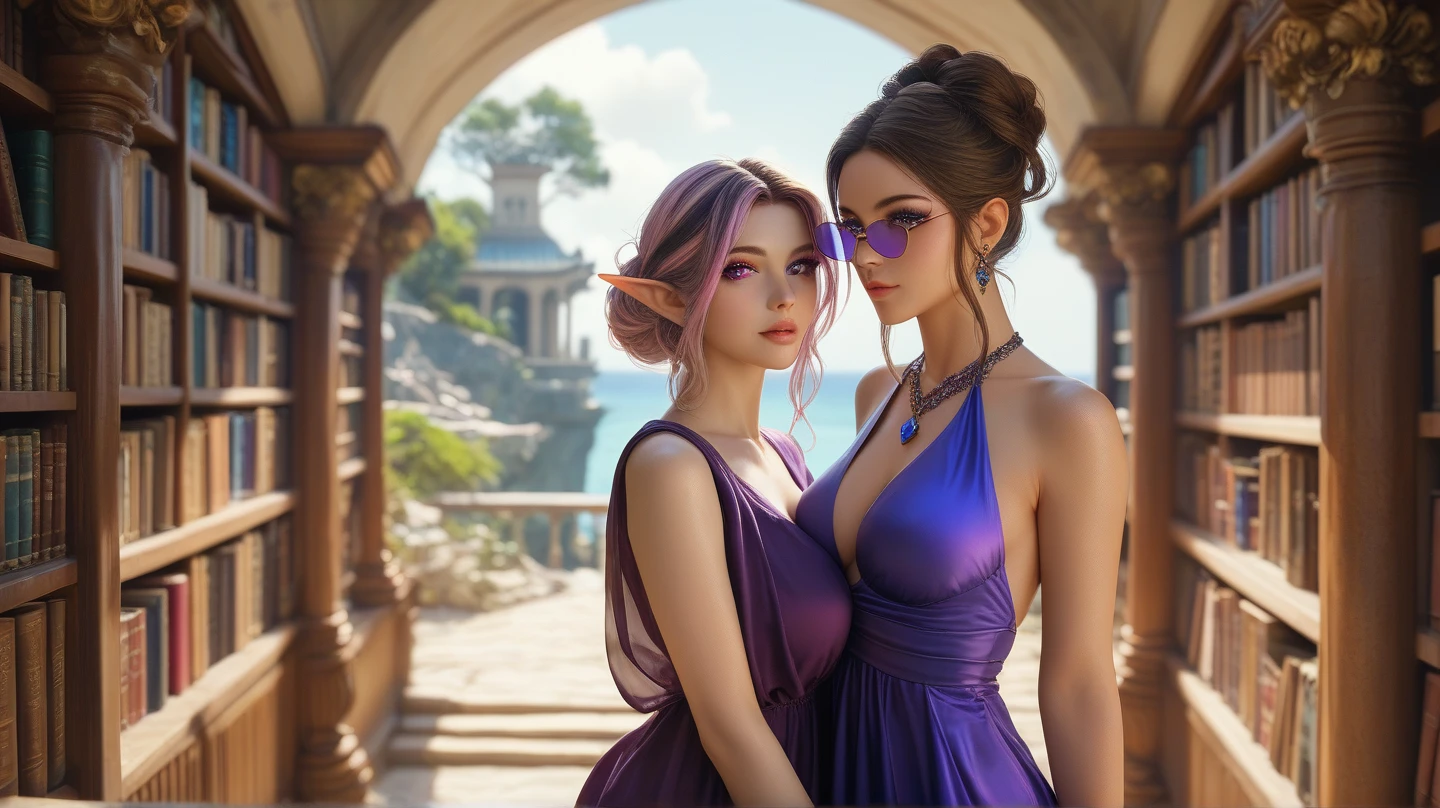 trois belles femmes aux cheveux violets et une robe violette soyeuse, s'enlaçant, carressing eachothers, portant un grand collier en forme de coeur, chiffre de sablier, figure symétrique, visage très détaillé, beau visage, yeux bleus apaisants, lèvres violettes luxuriantes, souriant, séduisant, flirter avec la caméra, superbe illustration numérique, environnement quantique mystérieux, éléments cosmiques et atmosphère éthérée, topless, pink chest tattoo
