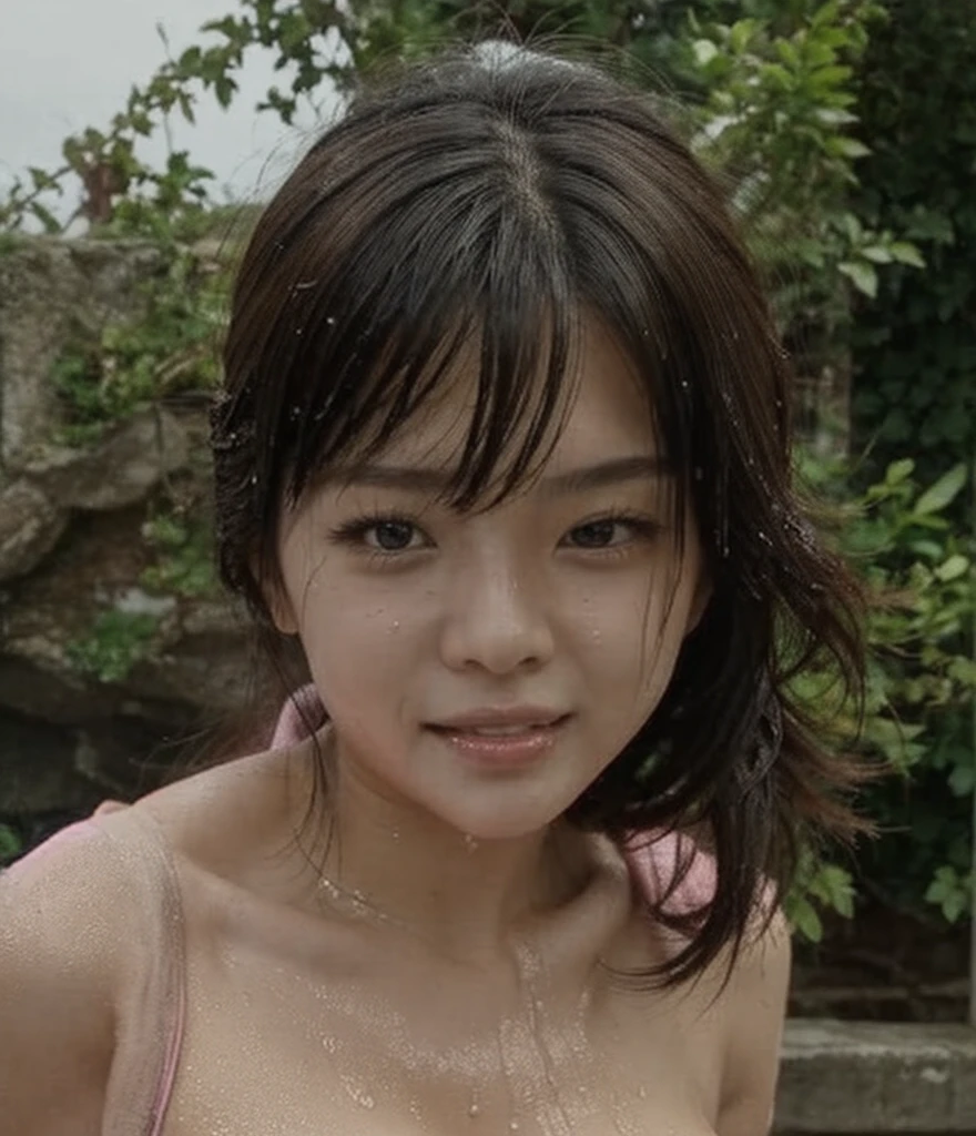 femele, 24 years old,japanes,Brown hair,(((fully naked wet))),Beautiful short hair,,Hair fastening to bangs,,((()),Natural smile,((())), Blonde Hsir.((())),  at the waterfall,((())),  sitting both knees