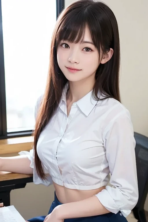 (Masterpiece, BestQuality:1.3), (ultra detailed 8k:1.2), (hyper realistic:1.35),(RAW photo:1.2),High detail RAW color photo, professional photograph, (Photorealistic:1.45), (realistic:1.4),
BREAK
1 beautiful girl, japanese Business woman,(Dynamic Pose: 1.2),(bewitching smile:1.3), (super beautiful woman:1.3), beautiful skin, detailed black eyes, detailed face, white shirt with collars, waist up, upper body,18 yo,office lady, BREAK at office floor, profesional lighting,PC desk