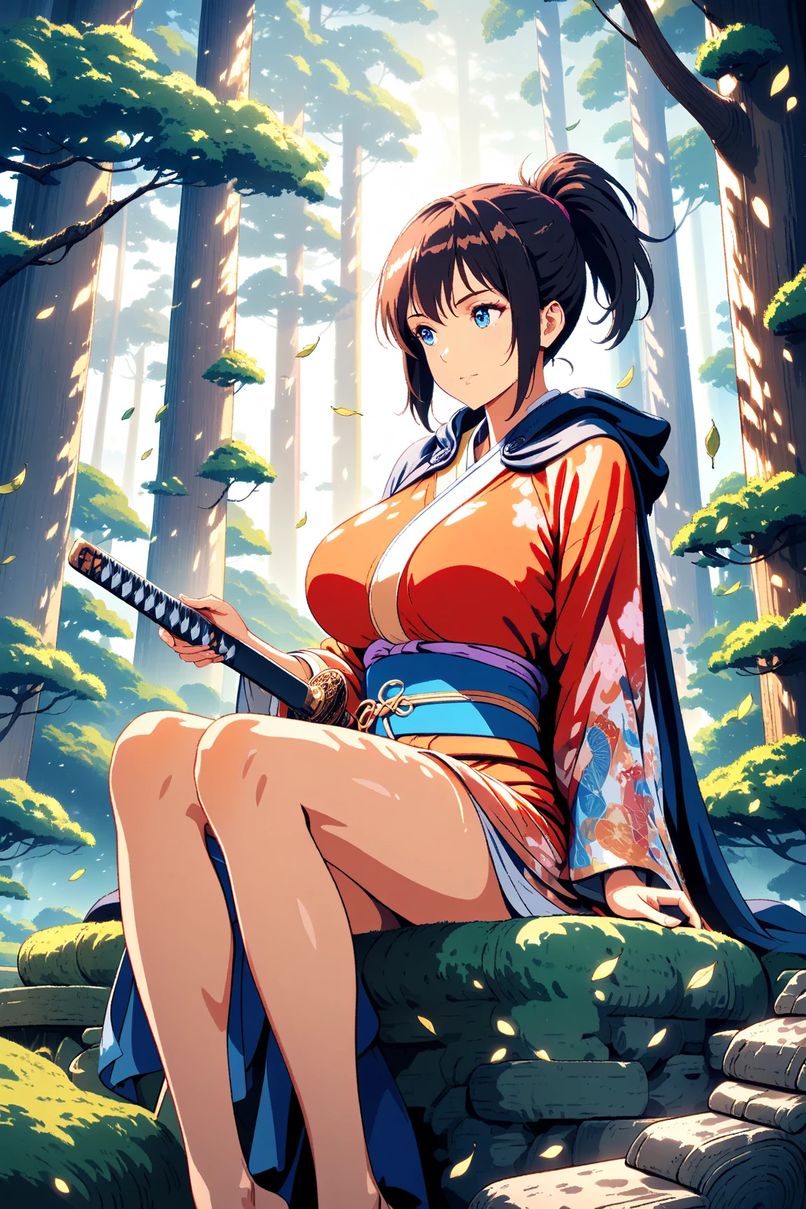 One young and beautiful woman,(Highest quality,Extremely detailed depiction,Incredibly absurd high resolution,Anatomically accurate depiction,Curvy Legs,Shiny skin),(Anime samurai girl),(kimono,Hakama,fishing rod),eyelash,(Black Eyes,Black Hair,Large Breasts,Half-closed eyes:1.3,Sweat,whole body,Sitting on a rock and fishing:1.5,),Anime Art,Side view,background:Riverside,Natural Light